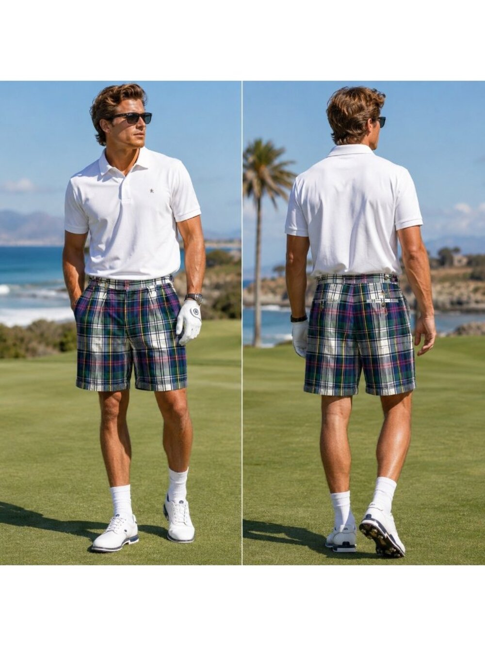 Tommy Hilfiger Mens Madras Golf Shorts 34 Cotton Embroidered Crest Bermuda
